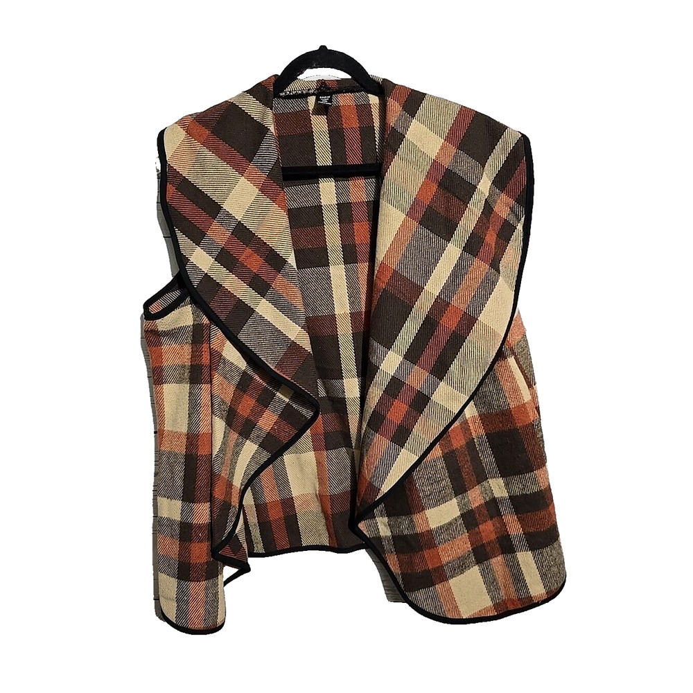 SHEIN Curve Brown Plaid Open Front Waterfall Sleeveless Vest Womans‎ Size 2XL
